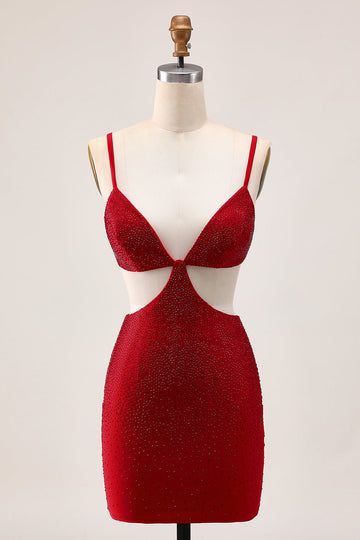 Chic Red Bodycon Beaded Cut Out Cocktail Dress